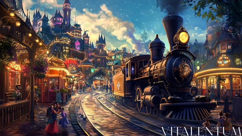 Fantasy steam train entering illuminated storybook cityscape.