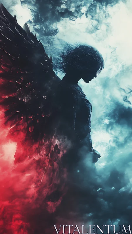 Dark winged figure in red and blue swirling smoke clouds.