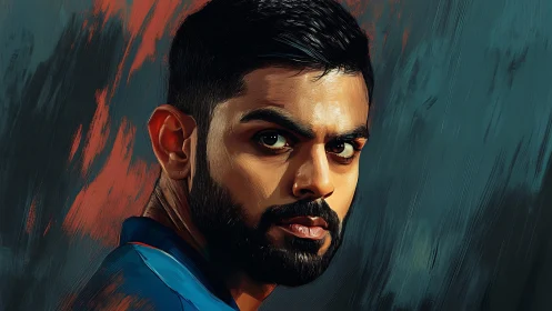 Profile portrait of male subject in blue shirt, painted.