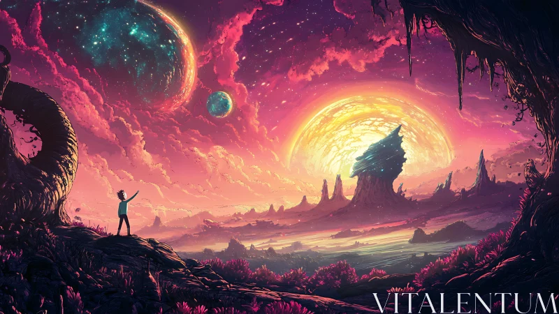 Backlit alien horizon with twin planets and silhouetted observer