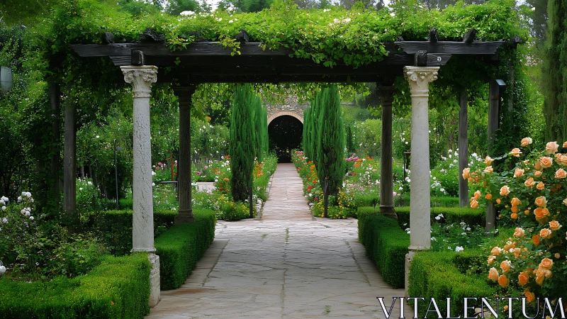 Pergola walkway framed by lush roses and manicured hedges.