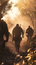 Soldiers patrol sunlit forest trail in golden haze.