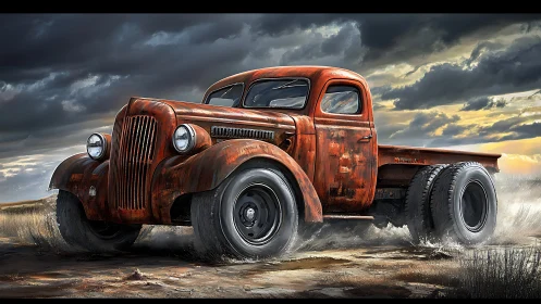 Rusty vintage truck driving through dusty rural field.