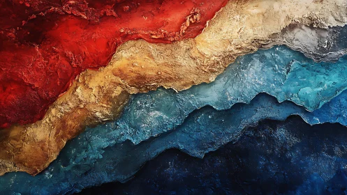 Abstract earth layers in textured mixed media, bold colors.