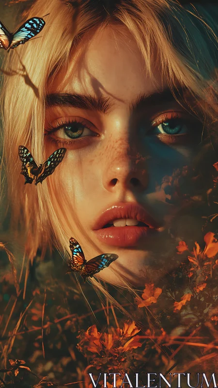 Golden-haired girl gazes through butterflies and ember flowers