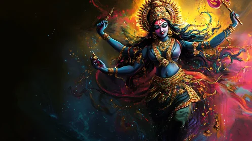 Digital depiction shows multi-armed deity in dynamic motion