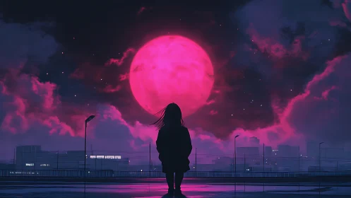 Silhouetted figure viewing large pink moon above cityscape.