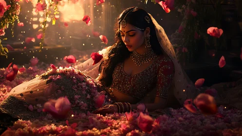 Cinematic bridal portrait amid falling rose petals at dusk