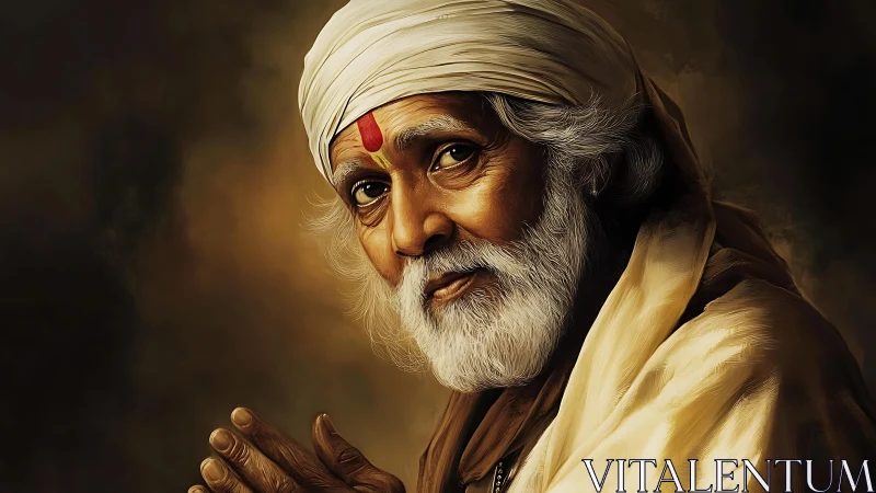 Elderly Indian man in turban with calm, folded hands pose.