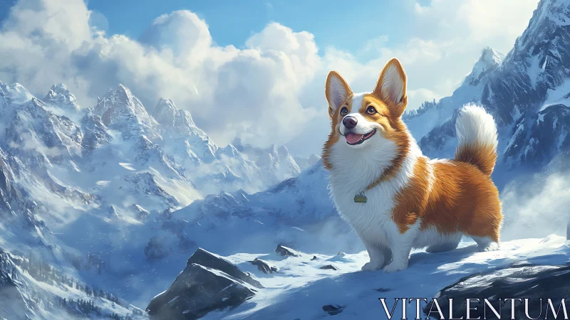 Corgi dog stands on snowy mountain ridge under clear sky