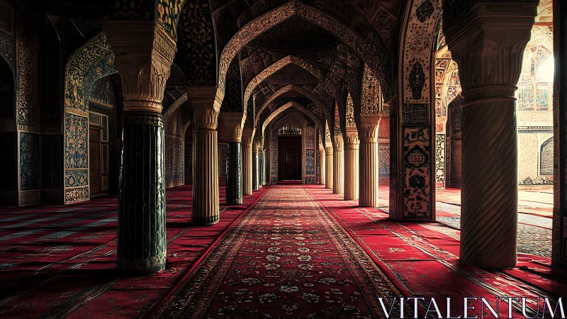 Sunlit arches and patterned carpets in a quiet mosque hall.