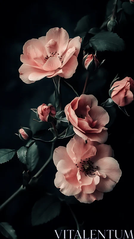 Pink Roses with Buds Against Dark Background. Floral Study.