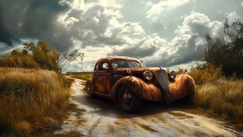 Rustic vintage coupe on muddy rural track under storm clouds.