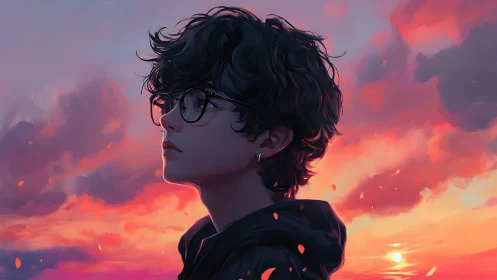 Contemplative youth in glasses gazes into a painted sunset sky.