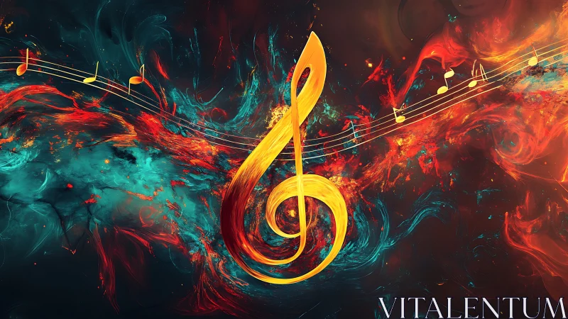 Fiery golden treble clef swirling in cosmic music storm.