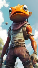 Orange space-frog ranger stares down the wide blue sky.