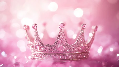 Pink jeweled crown rests on glittering bokeh background