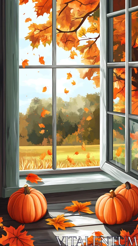 Autumn pumpkins by open window with falling maple leaves