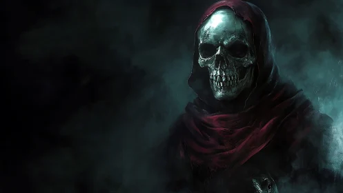 Hooded skeletal figure rendered in moody high-contrast digital painting