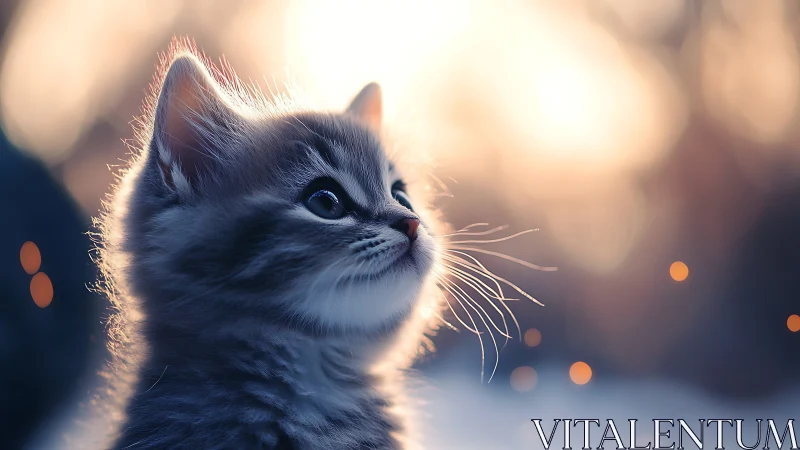 Gray kitten looking upward with golden bokeh background.
