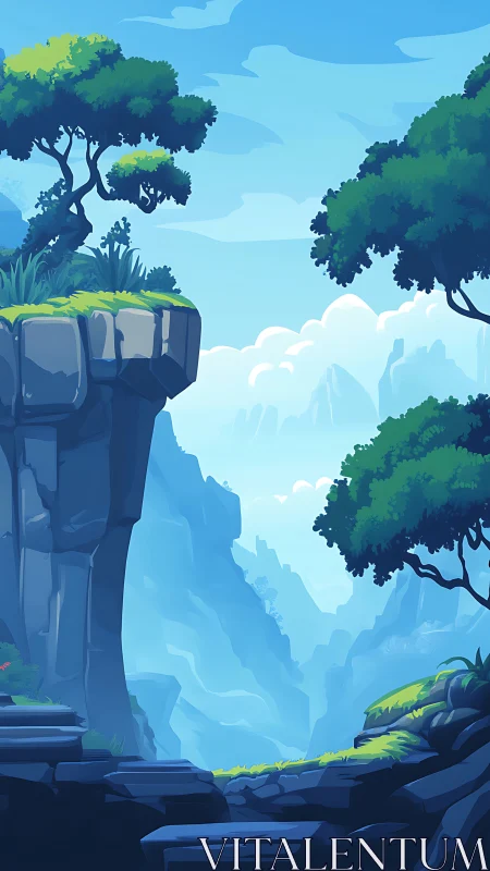 Sunlit cliffside valley opens into a calm blue fantasy world