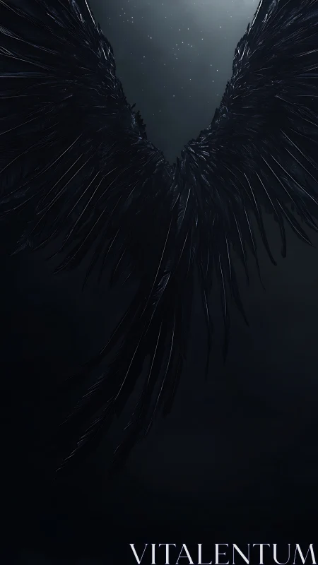 Dark feathered wings extend symmetrically in a night sky