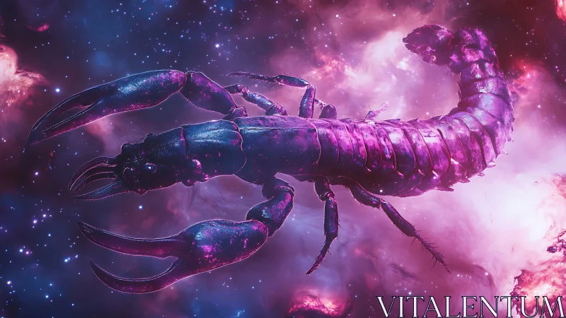 Cosmic purple scorpion drifting through glowing nebula.