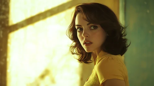 Soft golden light around a thoughtful woman in yellow.