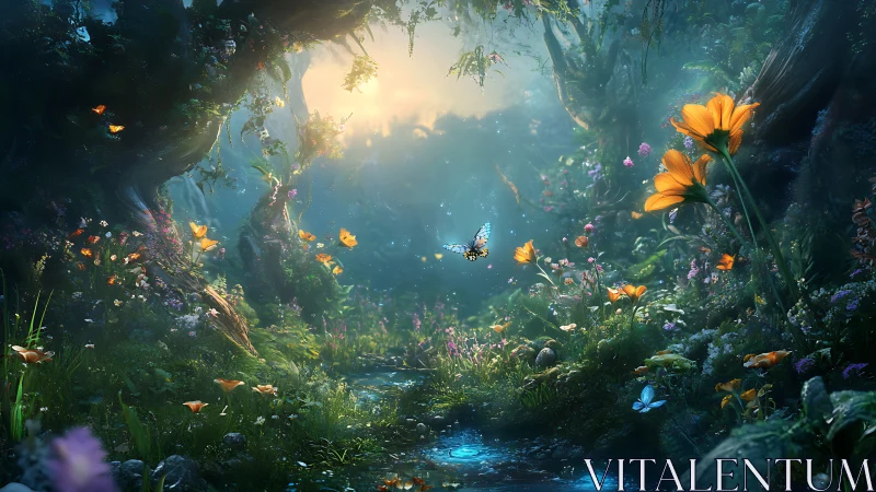 Bioluminescent sylvan glade with butterflies and spectral bloom.