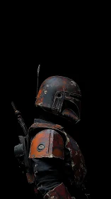 Weathered space warrior standing strong in the shadows.