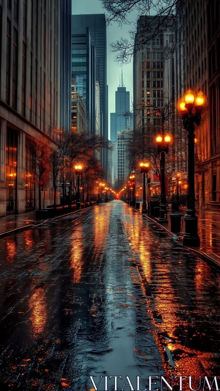 Rain-soaked urban canyon with lamplit reflections at dusk