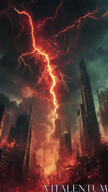 Apocalyptic megacity skyline split by molten red lightning.