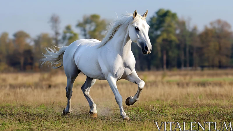 Dynamic white horse in extended trot across autumn pasture.