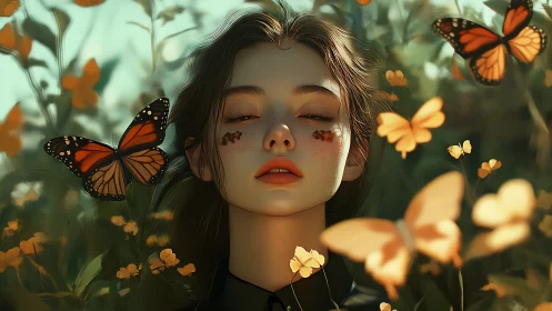 Young woman with closed eyes surrounded by orange butterflies.