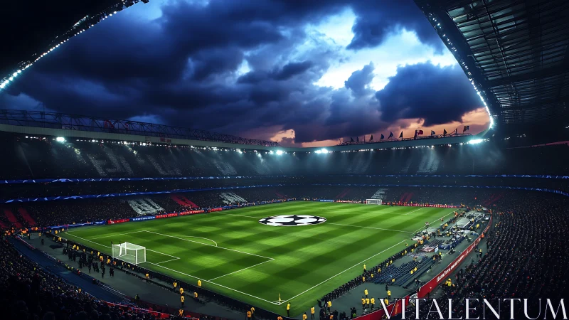 Stormlit arena waits for kickoff under brooding twilight sky.