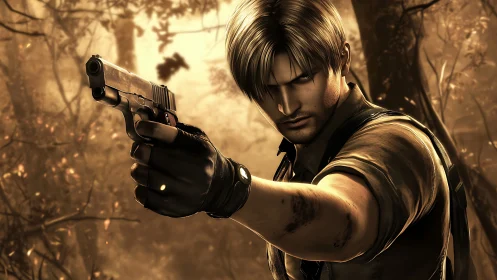 Armed fighter aims handgun through dense sepia forest