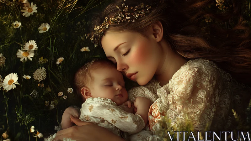 Digitally rendered maternal figure with infant in floral garden setting with warm tonal rendering