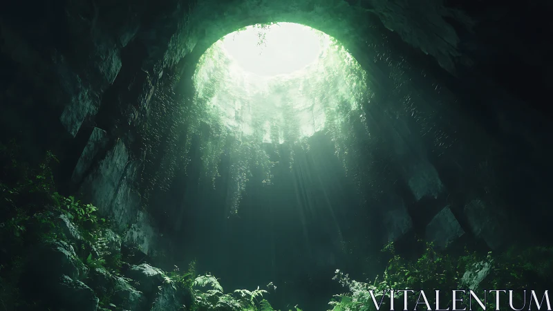 Sunlit sinkhole cavern with lush overgrown vegetation.