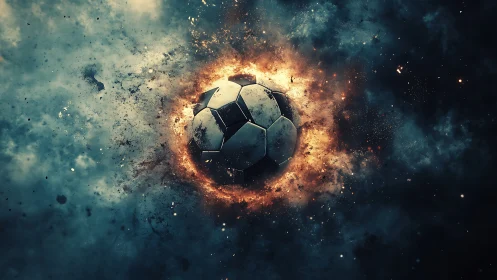 Explosive cosmic soccer ball with radial energy burst composition.