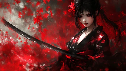 Crimson samurai heroine holds her blade amid falling leaves