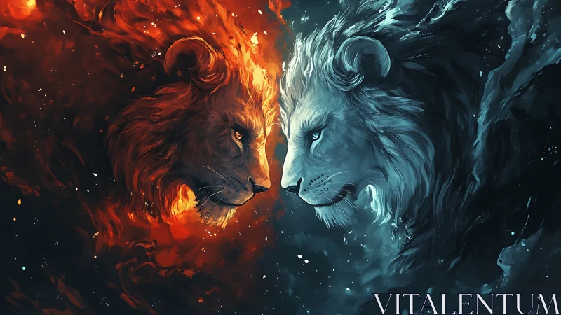 Dual elemental lion heads rendered with opposing fire and ice particle effects in dynamic contrast