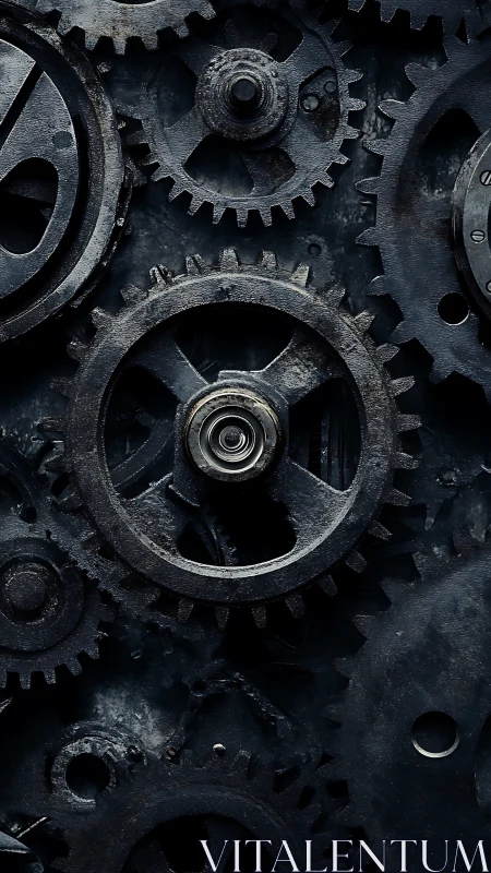 Interlocked steel spur gears under low-key industrial lighting.