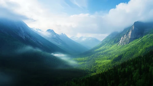 Sunlit alpine valley with atmospheric perspective and soft volumetric haze