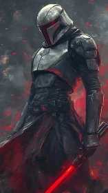 Armored sci fi warrior with red energy sword in smoke