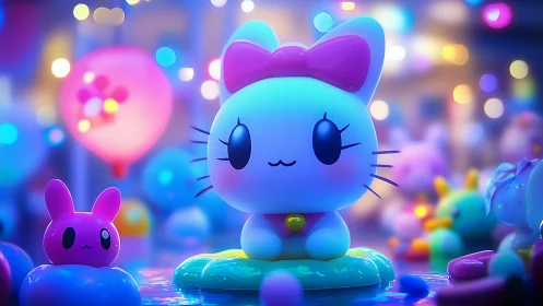 Neon-lit chibi cat figurine in saturated bokeh carnival environment.