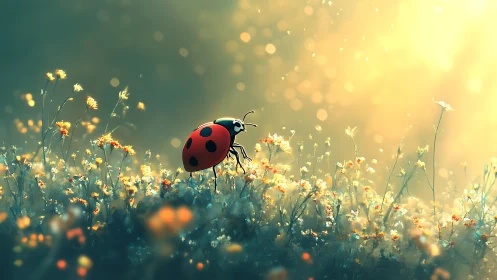 Ladybug on wildflower meadow in warm backlight glow.