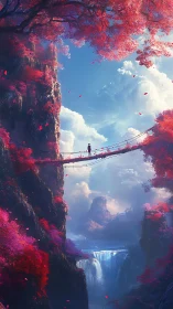 Suspension bridge spans crimson forest cliffs above misty falls