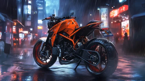 Bold orange street motorcycle glowing in rainy neon city.
