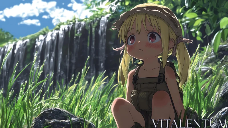Pensive anime girl rests by a sunlit forest waterfall