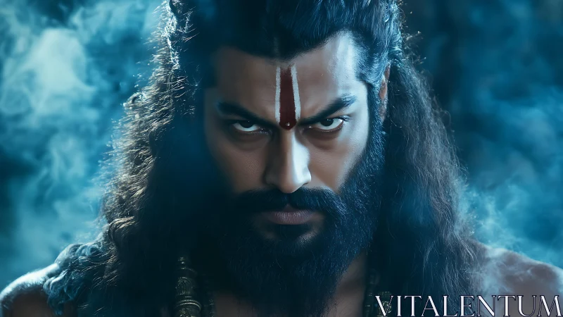 Intense mystic portrait with ritual markings in blue haze.